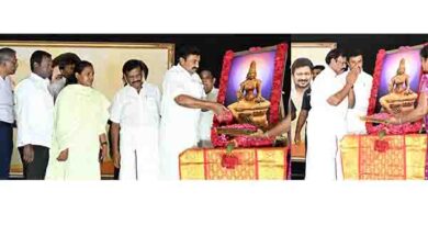 தமிழ்த்தாய் படத்திற்குமு.பெ.சாமிநாதன்மலர் தூவி மரியாதை